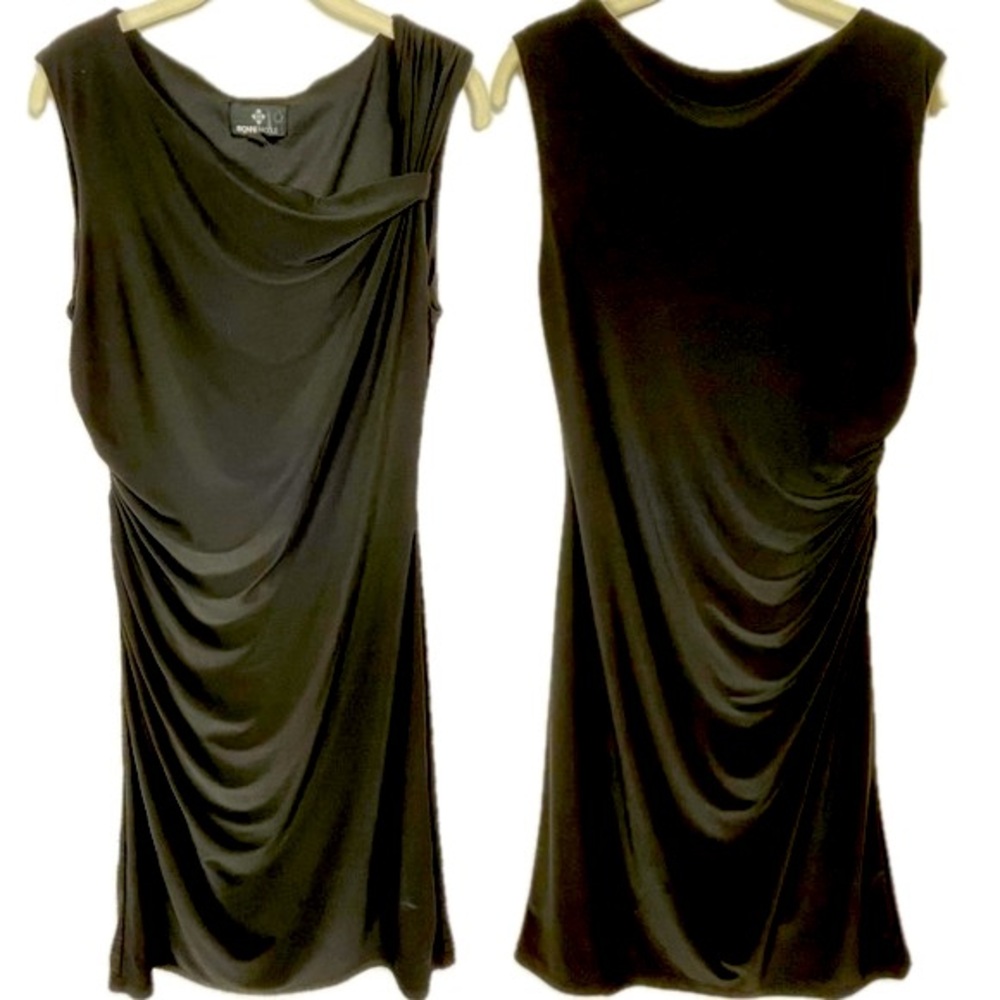 Ronni Nicole Dress Size 12 Black Ruched Asymmetric Stretch Knit Mini Lined - Picture 1 of 9